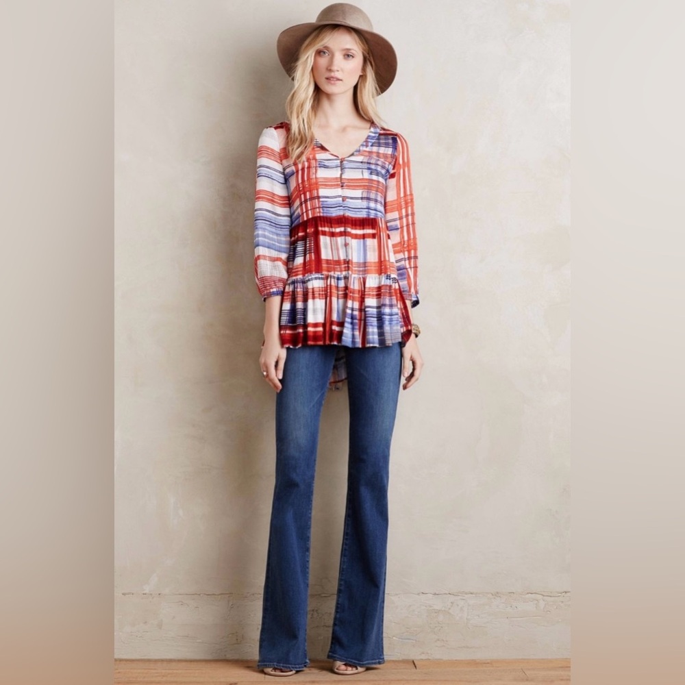 Maeve Anthropologie Lila Tiered Tunic Blue Red Plaid XS Peplum Artsy Chic Blouse